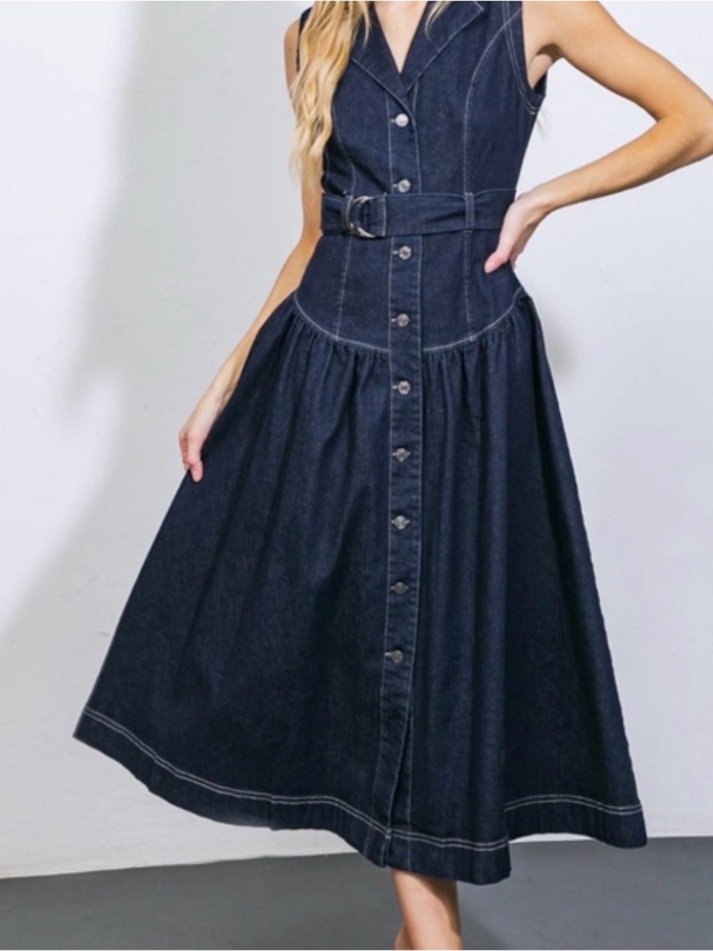 Flying Tomato Dark Blue Denim Button-Front Maxi Dress with Belt